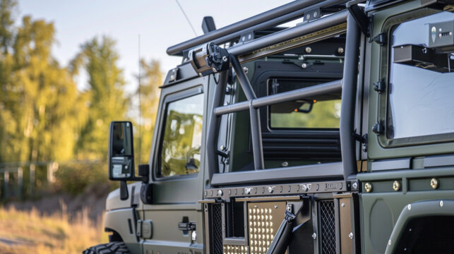 A reinforced roll bar, mounted behind the cab, designed to protect the truck and its occupants in the event of a rollover