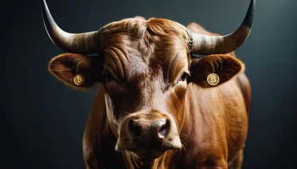Fotobehang A powerful bull with Bitcoin earrings poses, a clever visual metaphor for financial markets' bullish trends. © video rost