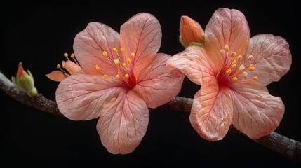  two pink flowers with yellow stamens on a twig on a black background with a small branch in the foreground.