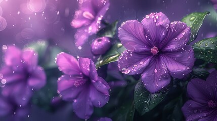  a close up of purple flowers with drops of water on them and a green leafy plant in the foreground.
