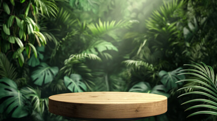 Obraz premium Wooden stand in tropical forest for product presentation and green background Monstera, tropical forest, natural plants, beauty background, healthy cosmetics, natural product placement