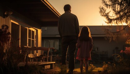 A father and his young daughter stand in the courtyard of a rural house and look at the sun setting behind the roof of the house. Rear view.