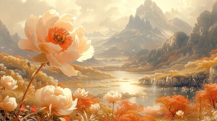  a painting of a mountain lake with a large flower in the foreground and a mountain range in the background.