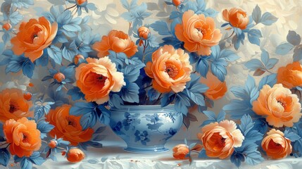  a painting of blue and orange flowers in a blue and white vase on a white tableclothed tablecloth.