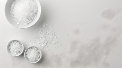 White sea salt crystals delicately distributed on a neutral background. Elegantly focused for culinary use. Ideal for seasoning related themes. AI