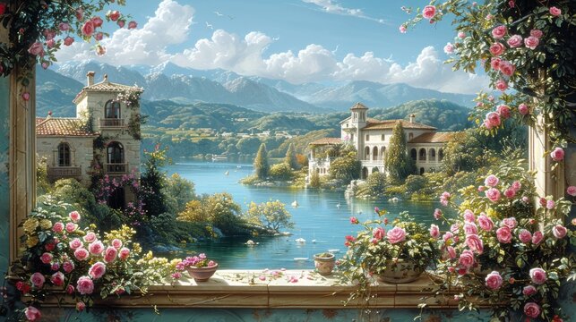  a painting of a beautiful view of a lake with a house in the distance and pink roses in the foreground.
