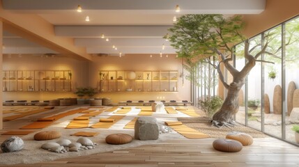 Empty yoga studio interior design, open space with mats, pillows and accessories, parquet, patio house, inner garden with tree and pebbles, meditation room