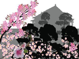 pagoda in blossoming trees isolated on white