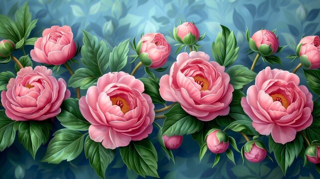  a painting of pink flowers with green leaves on a blue and green background with leaves on the bottom of the picture.