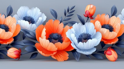  a close up of a bunch of flowers with leaves on a gray background with an orange and white color scheme.