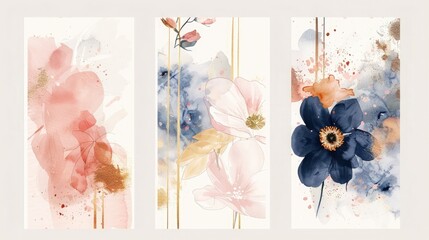 Arrangements. Navy blue, blush, pink, ivory, beige watercolor Illustration and gold elements, on white background. Abstract modern print set. Logo. Wall art. Poster. Business card.