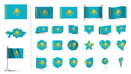 set of Kazakhstan flag, flat Icon set vector illustration. collection of national symbols on various objects and state signs. flag button, waving, 3d rendering symbols, and flag on map symbols
