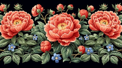  a painting of red flowers with green leaves and blue flowers on a black background with a border of green leaves and red flowers on a black background.