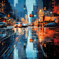 Abstract composition of city reflections in rain puddles - obrazy, fototapety, plakaty