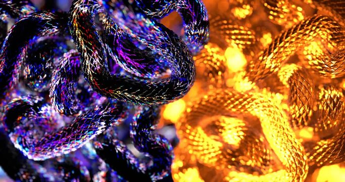Dragon scales glass dispersion and glow gold animation. looped 3d animation.