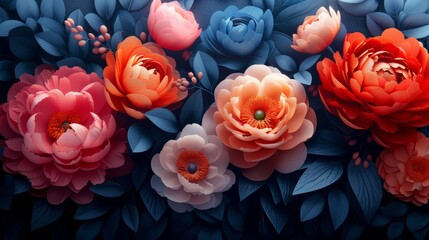  a close up of a bunch of flowers on a blue background with leaves and flowers in the middle of the picture.