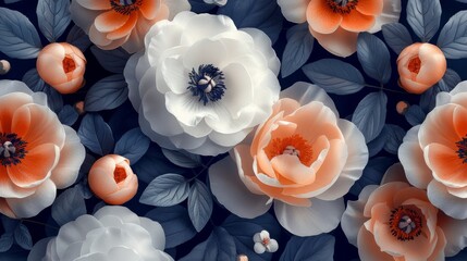  a group of white and orange flowers on a dark blue background with leaves and flowers in the middle of the image.