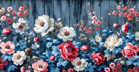  a painting of red, white, and blue flowers on a blue wood planked wall behind a wooden fence.