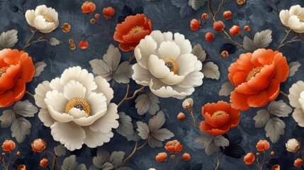  a painting of white and red flowers on a blue background with leaves and flowers on the bottom of the image.