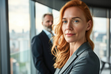 Smiling redhead Businesswoman with Male Colleague