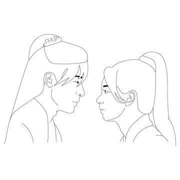 Realistic line sketches close-ups of couple face, female and male, long hair with high bun, side profile, in vector files for graphic elements. 