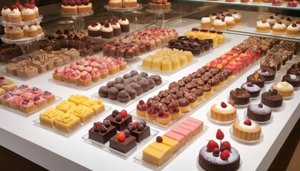 gourmet french sophisticated desserts and sweet tarts on display - obrazy, fototapety, plakaty