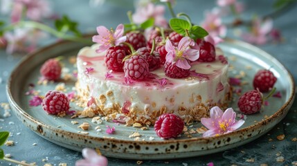  a close up of a cake on a plate with raspberries and flowers on the top of the cake.