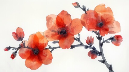  a close up of a flower on a branch with red flowers in the middle of the stem and a white background.