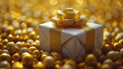  a white present box with a gold bow on top of it surrounded by golden ornaments and balls in the background.