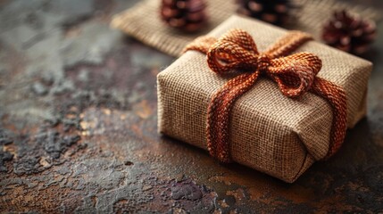  a gift wrapped in burlap and tied with a brown ribbon with pine cones on the side of it.