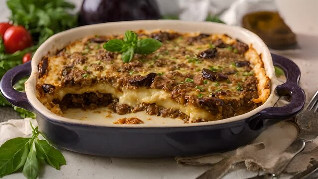 Delicious moussaka with minced meat and eggplant
