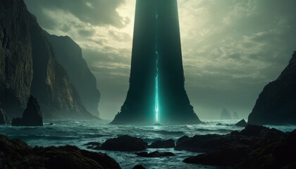 A colossal monolithic tower emits an intense energy beam into the stormy skies, nestled between rocky cliffs by a tumultuous sea, a beacon of unknown origin.