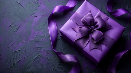  a purple gift box with a purple ribbon on a purple and black background with a purple bow on top of it.