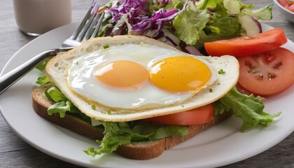 homemade bread toasted with cheese and fried egg on top with vegetable salad for breakfast