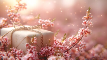  a gift wrapped in a white paper surrounded by pink and white flowers with a string tied around the top of it.