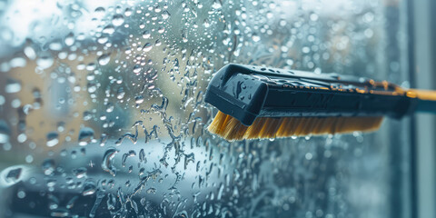 Crystal Clear Clarity: Window Cleaning with Squeegee. A window squeegee glides over glass, leaving a streak-free shine and droplets in its wake.