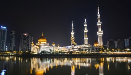 Jamek Mosque landmark in River of Life area of Kuala Lumpur city Malaysia at night
