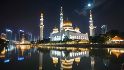Fototapeta na wymiar Jamek Mosque landmark in River of Life area of Kuala Lumpur city Malaysia at night