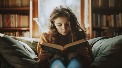 A young woman is reading a book on a bed. The book is open to a page with a woman on it. The woman is sitting on a bed with pillows and a window behind her. The room is filled with books