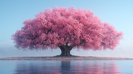  a large pink tree on a small island in the middle of a body of water with a blue sky in the background.