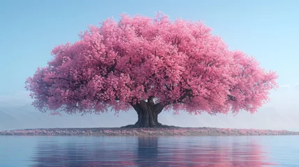 Plexiglas foto achterwand  a large pink tree on a small island in the middle of a body of water with a blue sky in the background. © Shanti