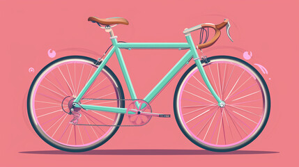 Simple Flat Vector Art of bicycle, Composition symmetrical, Style surreal, Three Color Combination pink-teal-lavender, Humor playful, Texture glossy, Mood joyful, Elements fire, Perspective front