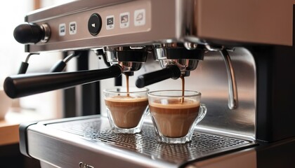 making espresso coffee close up detail with modern cafe machine - obrazy, fototapety, plakaty