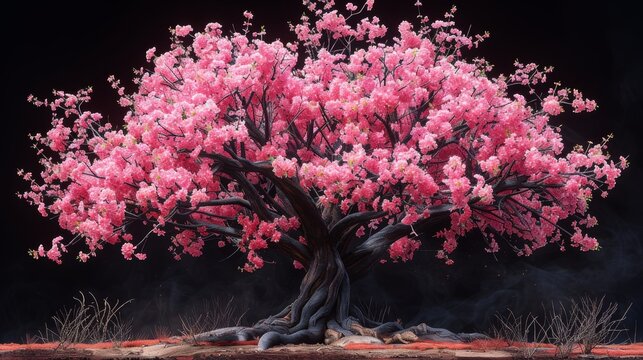  a painting of a pink tree with lots of pink flowers on it's branches and a black sky in the background.
