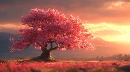  a pink tree in the middle of a field with a sunset in the background and clouds in the foreground.
