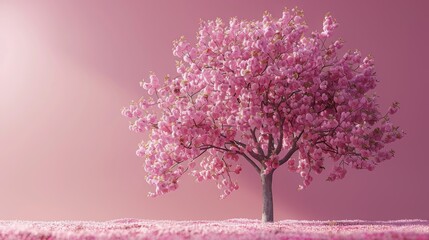  a pink tree in the middle of a field of pink flowers on a pink background with a pink sky in the background.