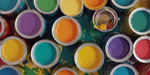 Paint cans in a row. Colorful background. Top view.