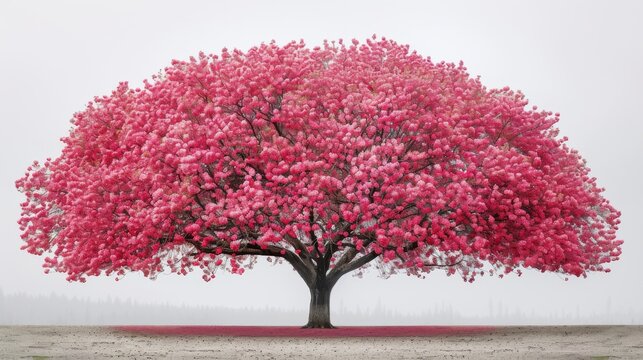 a large pink tree with lots of pink flowers on it's trunk and leaves on it's trunk.
