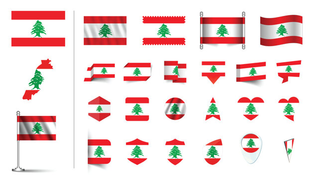 set of Lebanon flag, flat Icon set vector illustration. collection of national symbols on various objects and state signs. flag button, waving, 3d rendering symbols, and flag on map symbols