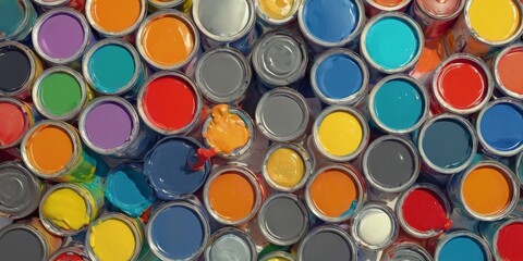 Cans of paint in a row. Top view. Abstract background.